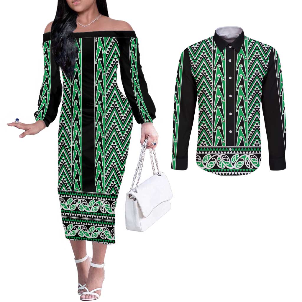 New Zealand Maori Niho Taniwha Couples Matching Off The Shoulder Long Sleeve Dress and Long Sleeve Button Shirt Kakariki Mangopare and Puhoro Pattern LT9 Green - Polynesian Pride