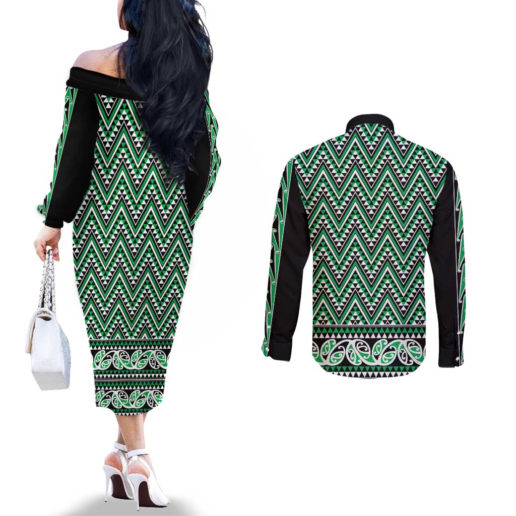New Zealand Maori Niho Taniwha Couples Matching Off The Shoulder Long Sleeve Dress and Long Sleeve Button Shirt Kakariki Mangopare and Puhoro Pattern LT9 - Polynesian Pride