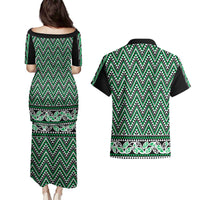 New Zealand Maori Niho Taniwha Couples Matching Puletasi and Hawaiian Shirt Kakariki Mangopare and Puhoro Pattern