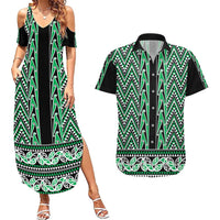 New Zealand Maori Niho Taniwha Couples Matching Summer Maxi Dress and Hawaiian Shirt Kakariki Mangopare and Puhoro Pattern LT9 Green - Polynesian Pride
