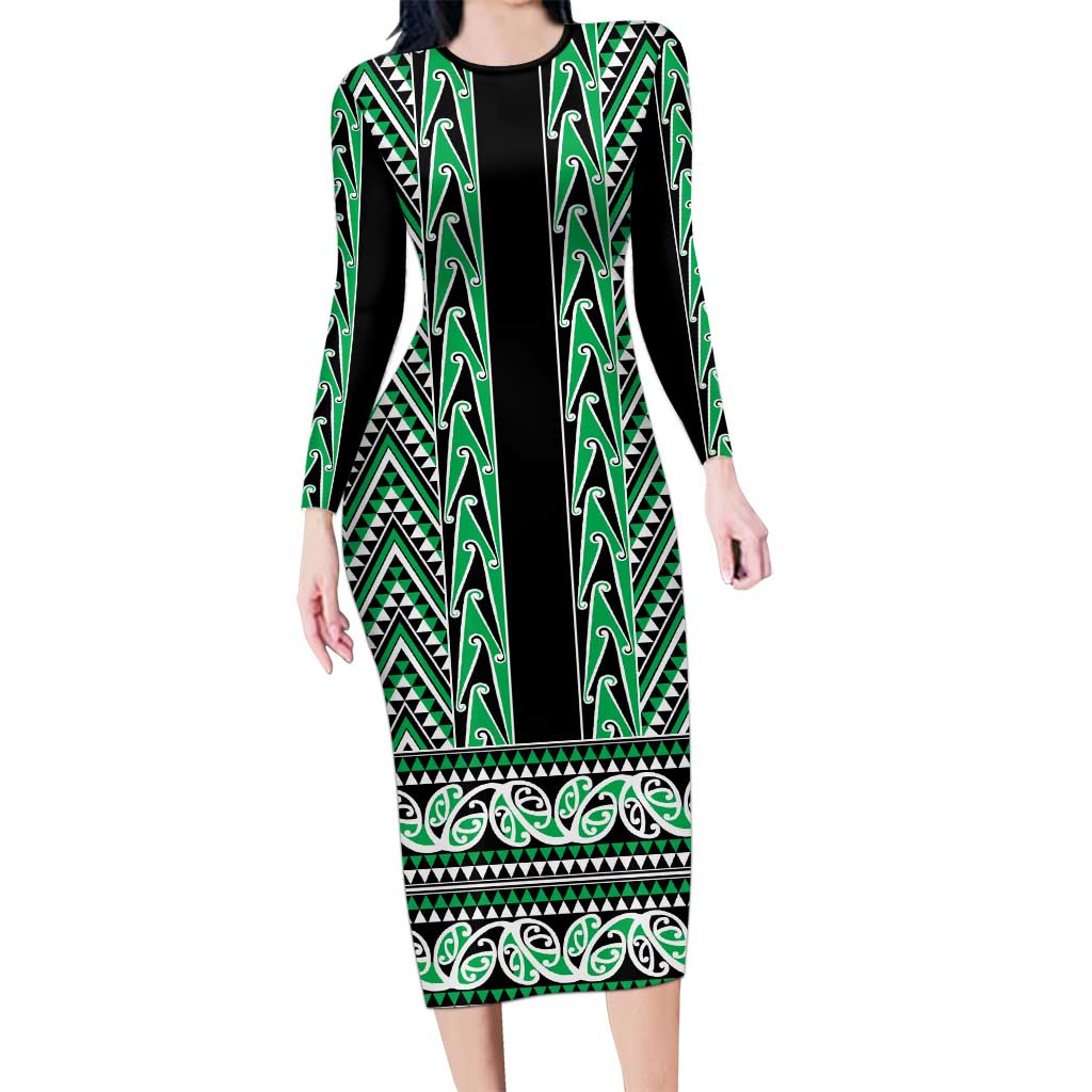 New Zealand Maori Niho Taniwha Family Matching Long Sleeve Bodycon Dress and Hawaiian Shirt Kakariki Mangopare and Puhoro Pattern LT9 Mom's Dress Green - Polynesian Pride