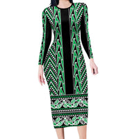 New Zealand Maori Niho Taniwha Family Matching Long Sleeve Bodycon Dress and Hawaiian Shirt Kakariki Mangopare and Puhoro Pattern LT9 Mom's Dress Green - Polynesian Pride