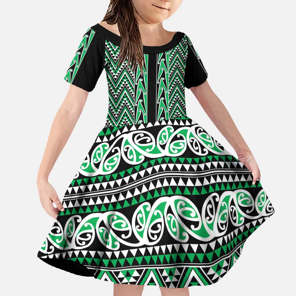 New Zealand Maori Niho Taniwha Family Matching Mermaid Dress and Hawaiian Shirt Kakariki Mangopare and Puhoro Pattern LT9 Daughter's Dress Green - Polynesian Pride
