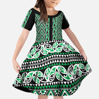 New Zealand Maori Niho Taniwha Family Matching Mermaid Dress and Hawaiian Shirt Kakariki Mangopare and Puhoro Pattern LT9 Daughter's Dress Green - Polynesian Pride