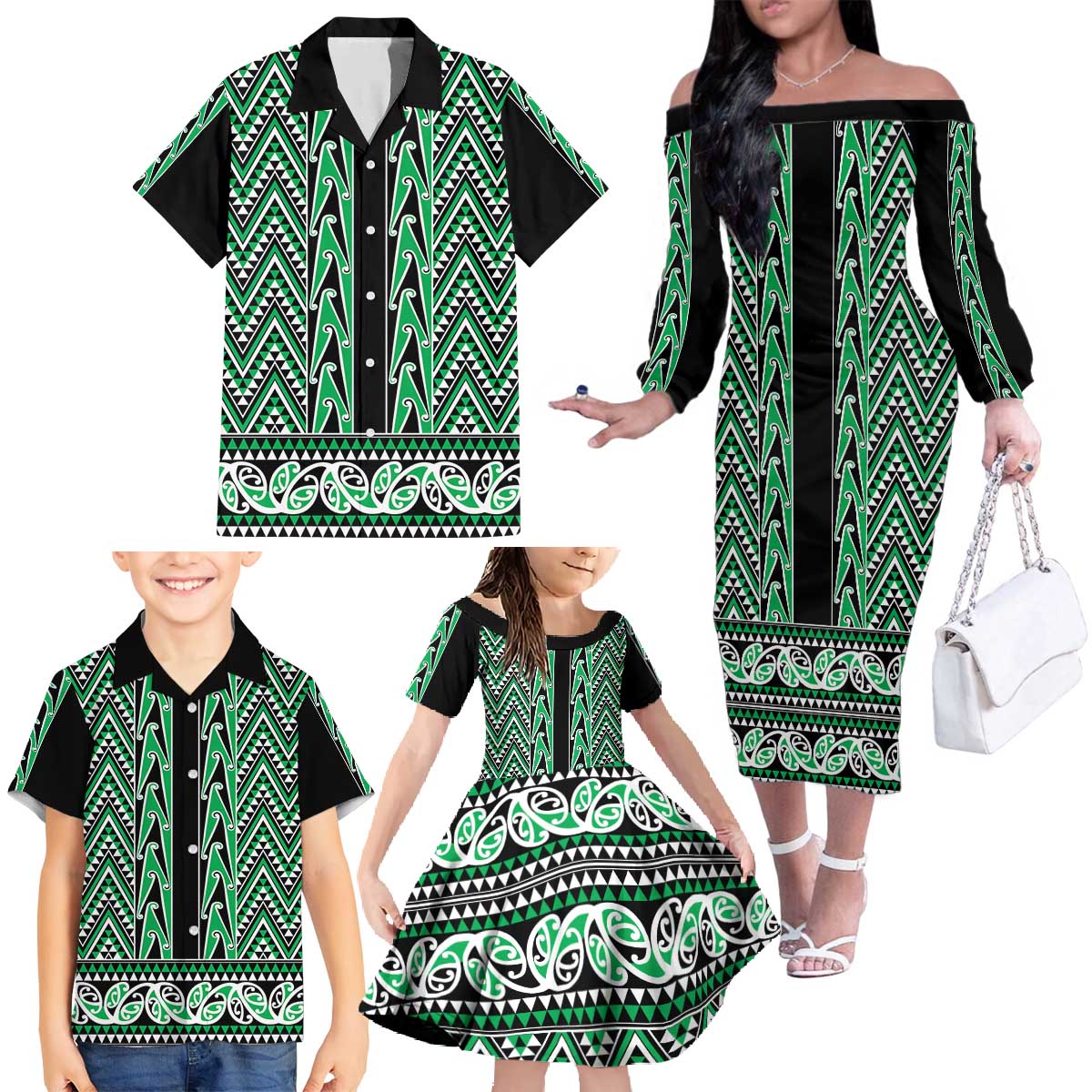 New Zealand Maori Niho Taniwha Family Matching Off The Shoulder Long Sleeve Dress and Hawaiian Shirt Kakariki Mangopare and Puhoro Pattern LT9 - Polynesian Pride