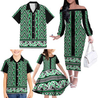 New Zealand Maori Niho Taniwha Family Matching Off The Shoulder Long Sleeve Dress and Hawaiian Shirt Kakariki Mangopare and Puhoro Pattern LT9 - Polynesian Pride
