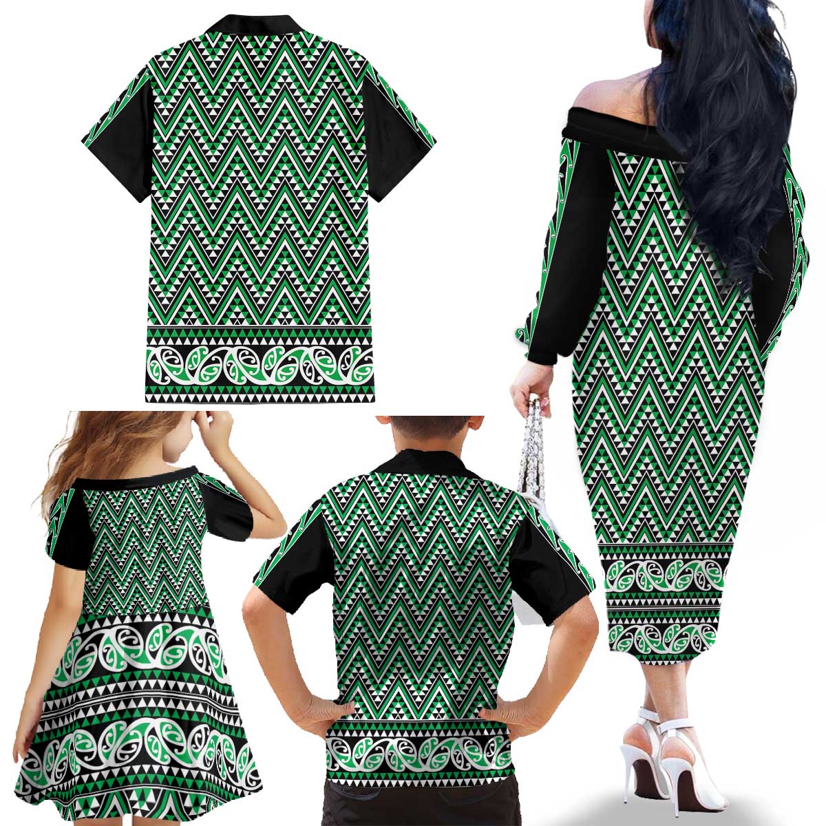 New Zealand Maori Niho Taniwha Family Matching Off The Shoulder Long Sleeve Dress and Hawaiian Shirt Kakariki Mangopare and Puhoro Pattern LT9 - Polynesian Pride
