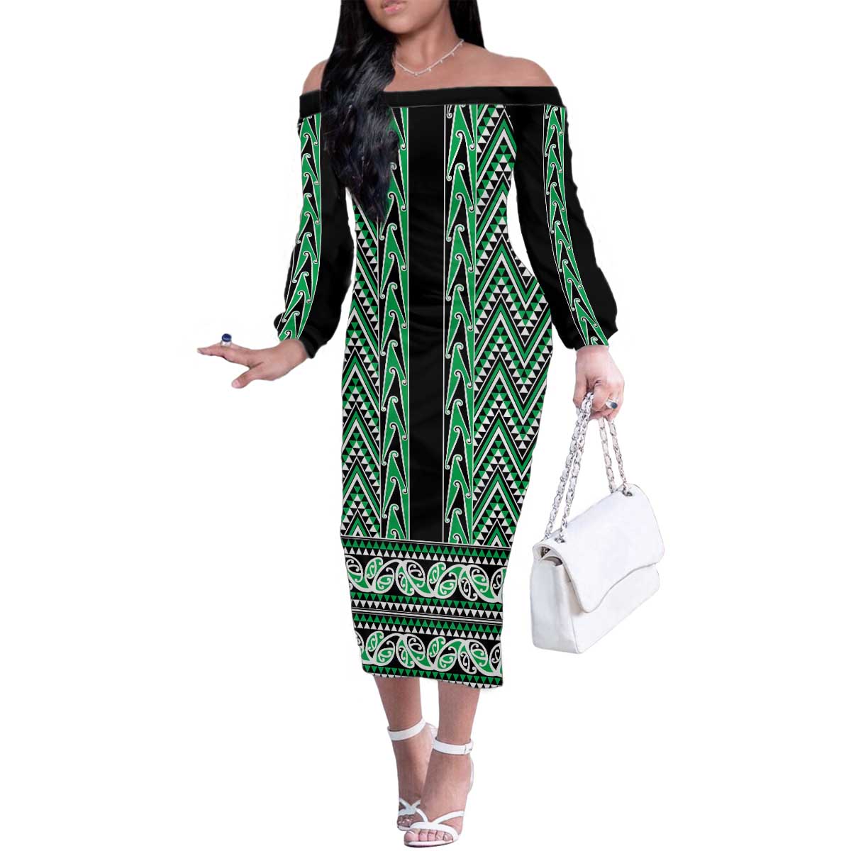 New Zealand Maori Niho Taniwha Family Matching Off The Shoulder Long Sleeve Dress and Hawaiian Shirt Kakariki Mangopare and Puhoro Pattern LT9 Mom's Dress Green - Polynesian Pride