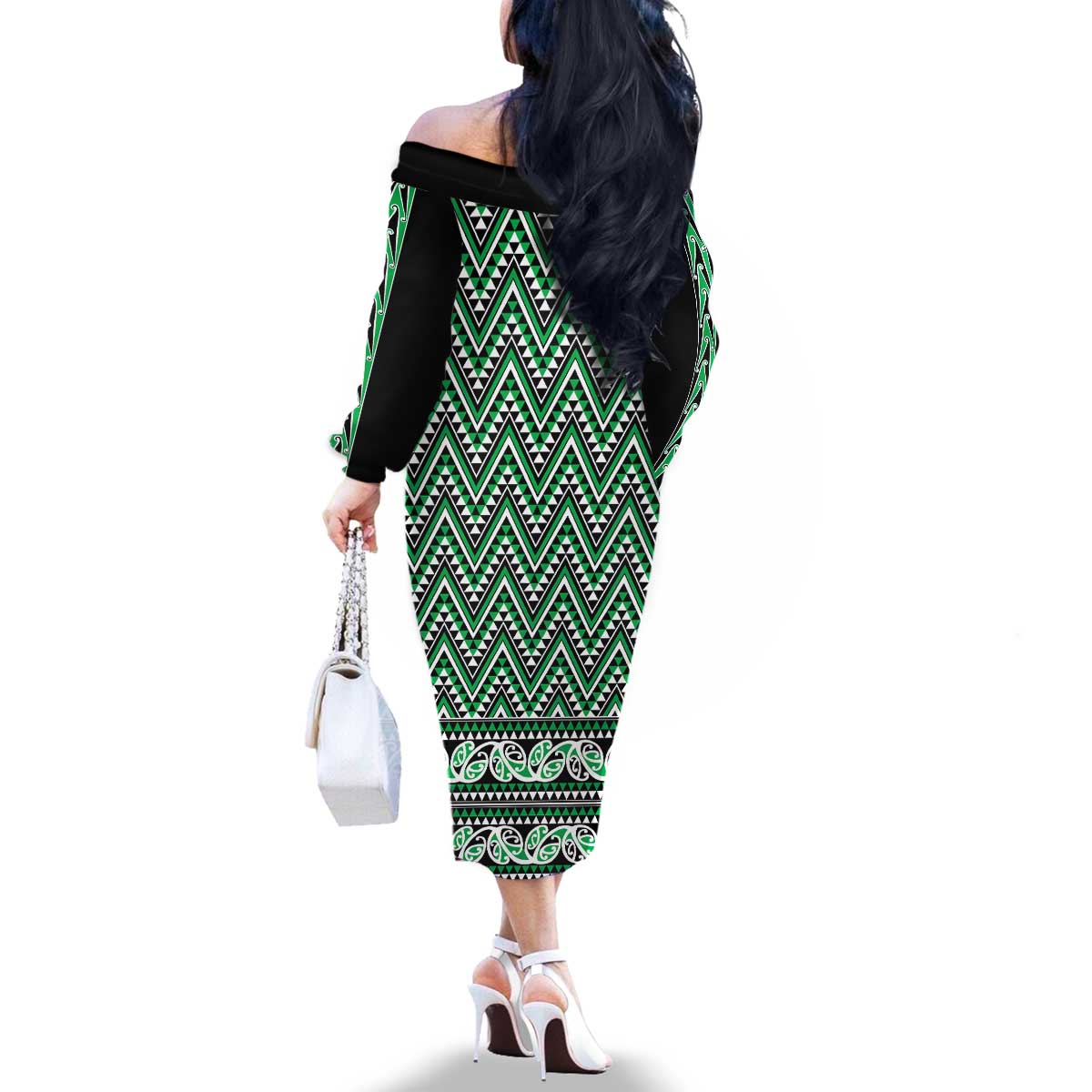 New Zealand Maori Niho Taniwha Family Matching Off The Shoulder Long Sleeve Dress and Hawaiian Shirt Kakariki Mangopare and Puhoro Pattern LT9 - Polynesian Pride