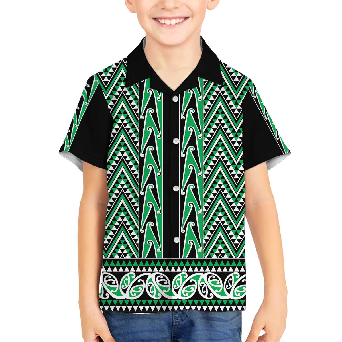 New Zealand Maori Niho Taniwha Family Matching Off The Shoulder Long Sleeve Dress and Hawaiian Shirt Kakariki Mangopare and Puhoro Pattern LT9 Son's Shirt Green - Polynesian Pride