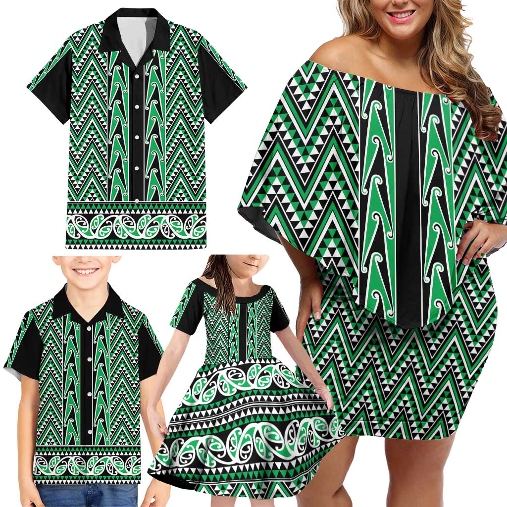 New Zealand Maori Niho Taniwha Family Matching Off Shoulder Short Dress and Hawaiian Shirt Kakariki Mangopare and Puhoro Pattern LT9 - Polynesian Pride