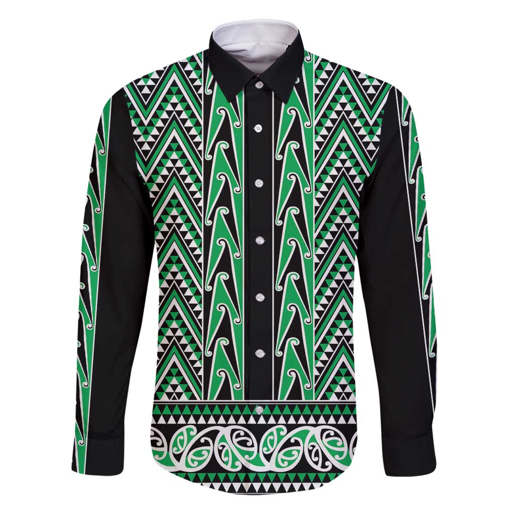 New Zealand Maori Niho Taniwha Family Matching Off Shoulder Short Dress and Hawaiian Shirt Kakariki Mangopare and Puhoro Pattern LT9 Dad's Shirt - Long Sleeve Green - Polynesian Pride