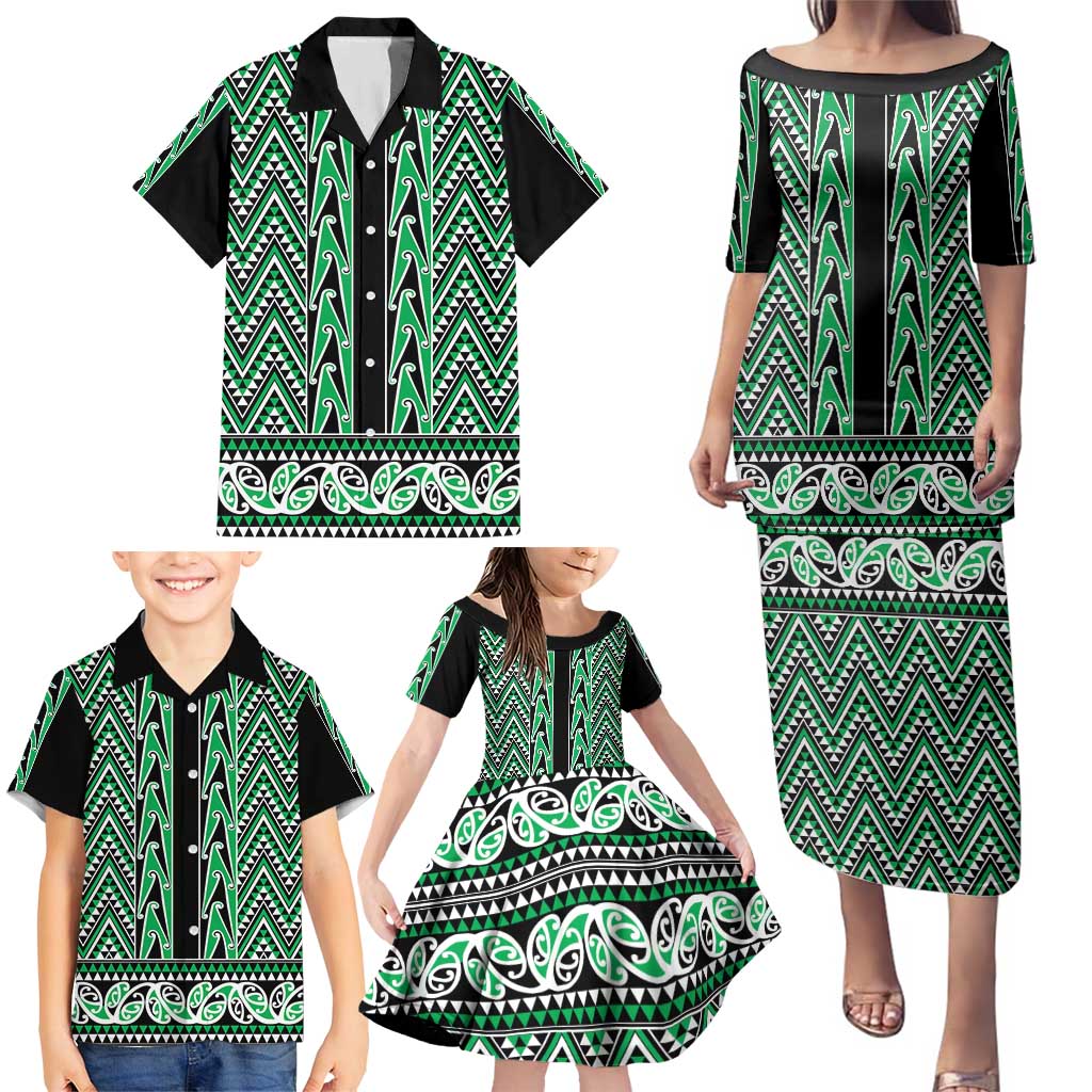 New Zealand Maori Niho Taniwha Family Matching Puletasi and Hawaiian Shirt Kakariki Mangopare and Puhoro Pattern LT9 - Polynesian Pride
