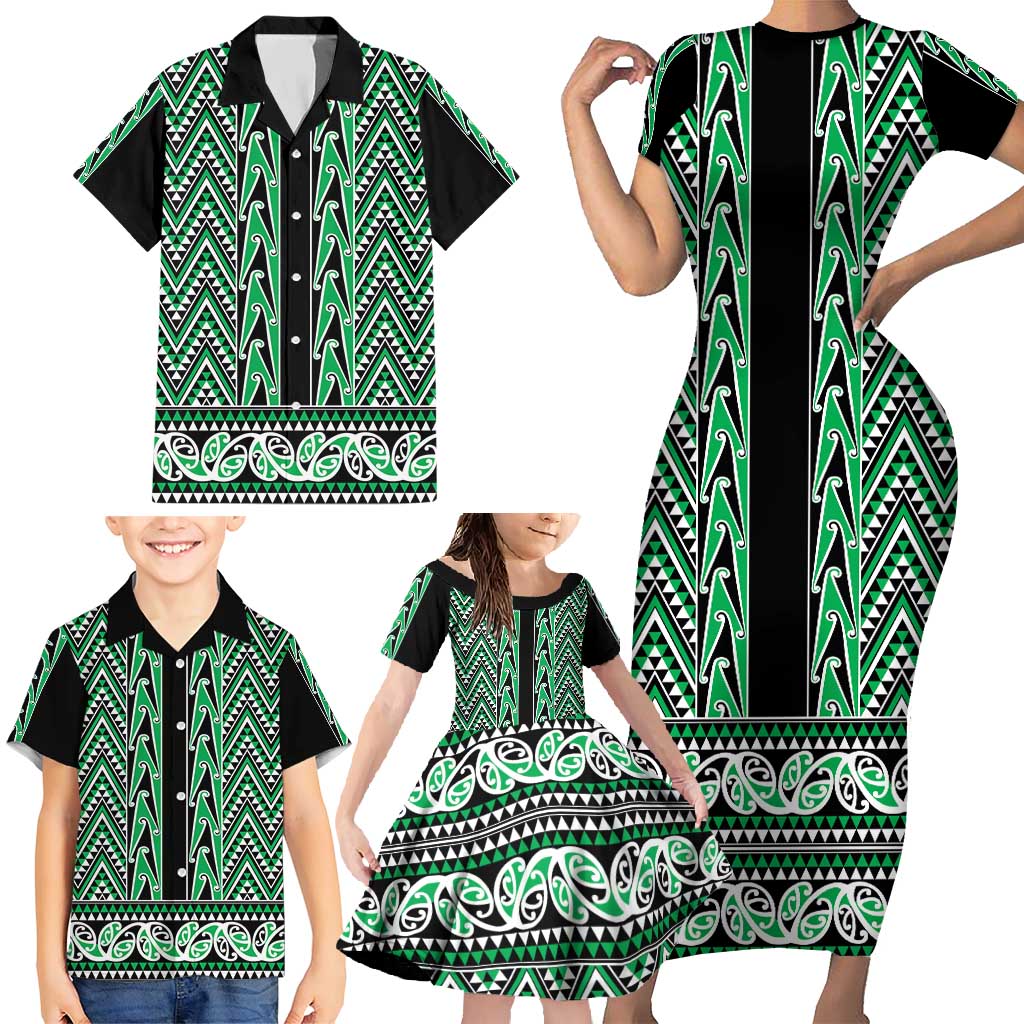 New Zealand Maori Niho Taniwha Family Matching Short Sleeve Bodycon Dress and Hawaiian Shirt Kakariki Mangopare and Puhoro Pattern LT9 - Polynesian Pride