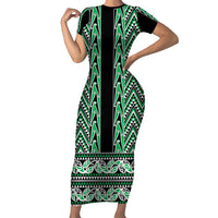New Zealand Maori Niho Taniwha Family Matching Short Sleeve Bodycon Dress and Hawaiian Shirt Kakariki Mangopare and Puhoro Pattern LT9 Mom's Dress Green - Polynesian Pride