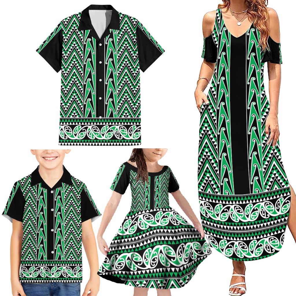 New Zealand Maori Niho Taniwha Family Matching Summer Maxi Dress and Hawaiian Shirt Kakariki Mangopare and Puhoro Pattern LT9 - Polynesian Pride