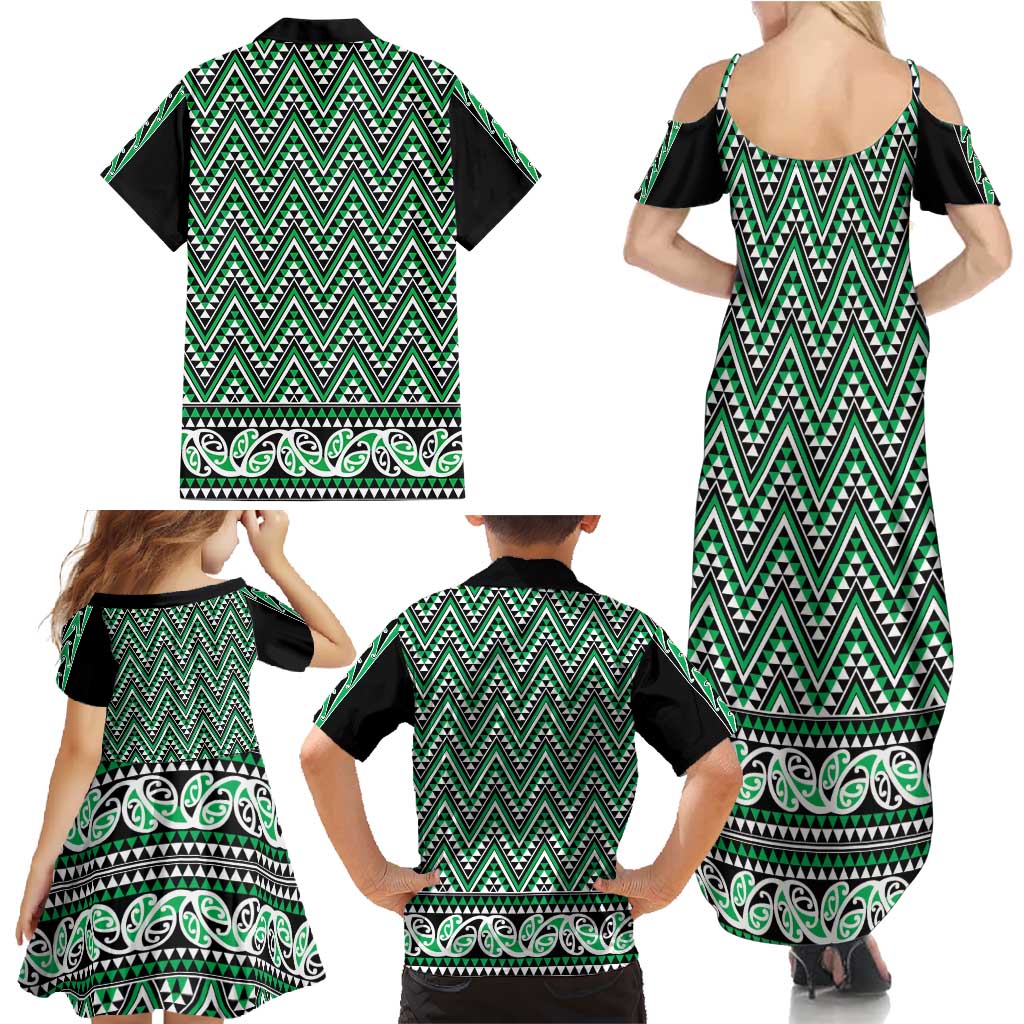 New Zealand Maori Niho Taniwha Family Matching Summer Maxi Dress and Hawaiian Shirt Kakariki Mangopare and Puhoro Pattern LT9 - Polynesian Pride