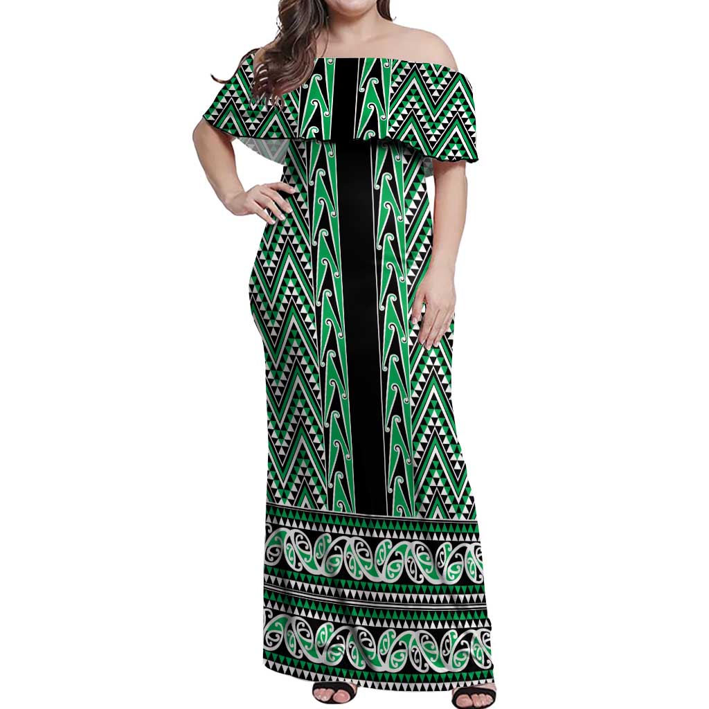 New Zealand Maori Niho Taniwha Off Shoulder Maxi Dress Kakariki Mangopare and Puhoro Pattern
