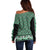 New Zealand Maori Niho Taniwha Off Shoulder Sweater Kakariki Mangopare and Puhoro Pattern