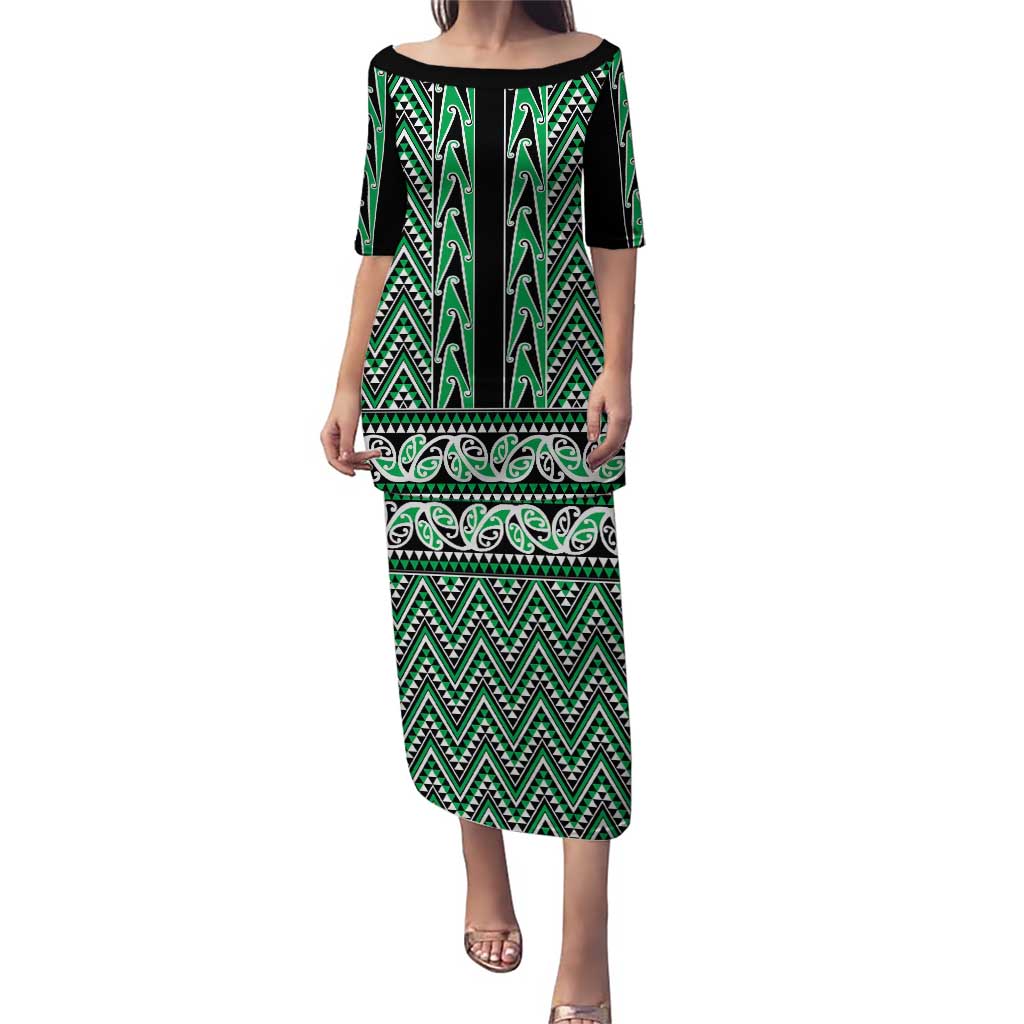 New Zealand Maori Niho Taniwha Puletasi Kakariki Mangopare and Puhoro Pattern LT9 Long Dress Green - Polynesian Pride