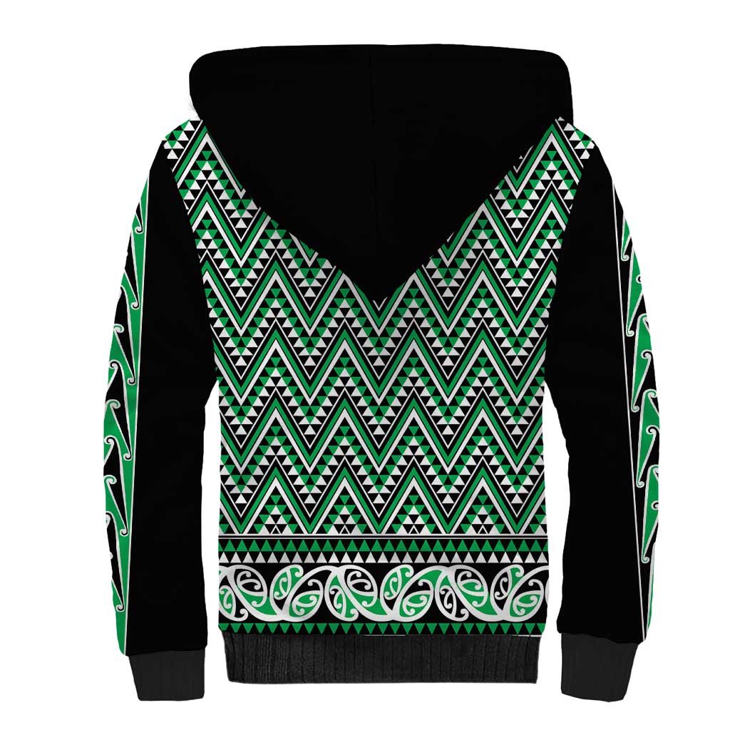 New Zealand Maori Niho Taniwha Sherpa Hoodie Kakariki Mangopare and Puhoro Pattern