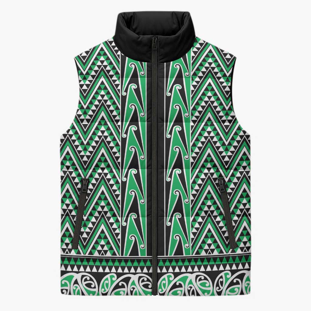 New Zealand Maori Niho Taniwha Sleeveless Puffer Jacket Kakariki Mangopare and Puhoro Pattern - Polynesian Pride
