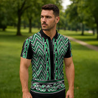 New Zealand Maori Niho Taniwha Zipper Polo Shirt Kakariki Mangopare and Puhoro Pattern - Polynesian Pride