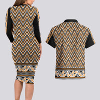 New Zealand Maori Niho Taniwha Couples Matching Long Sleeve Bodycon Dress and Hawaiian Shirt Karaka Mangopare and Puhoro Pattern LT9 - Polynesian Pride