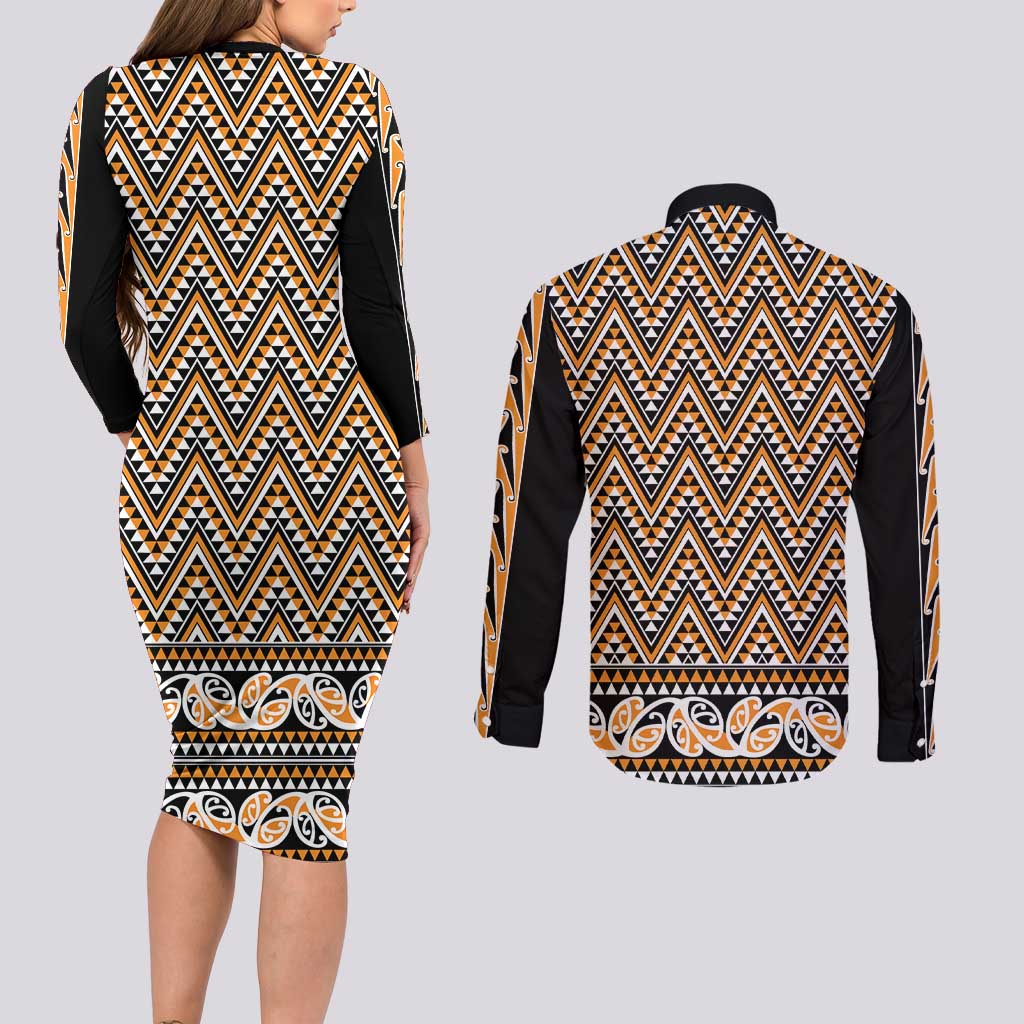 New Zealand Maori Niho Taniwha Couples Matching Long Sleeve Bodycon Dress and Long Sleeve Button Shirt Karaka Mangopare and Puhoro Pattern LT9 - Polynesian Pride