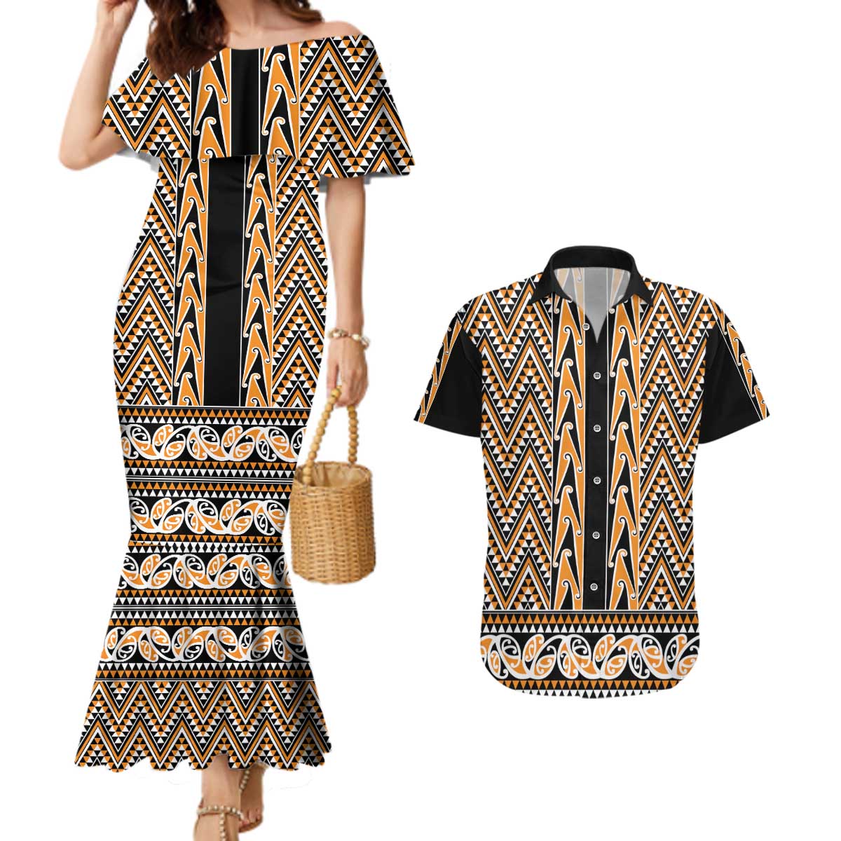 New Zealand Maori Niho Taniwha Couples Matching Mermaid Dress and Hawaiian Shirt Karaka Mangopare and Puhoro Pattern LT9 Gold - Polynesian Pride