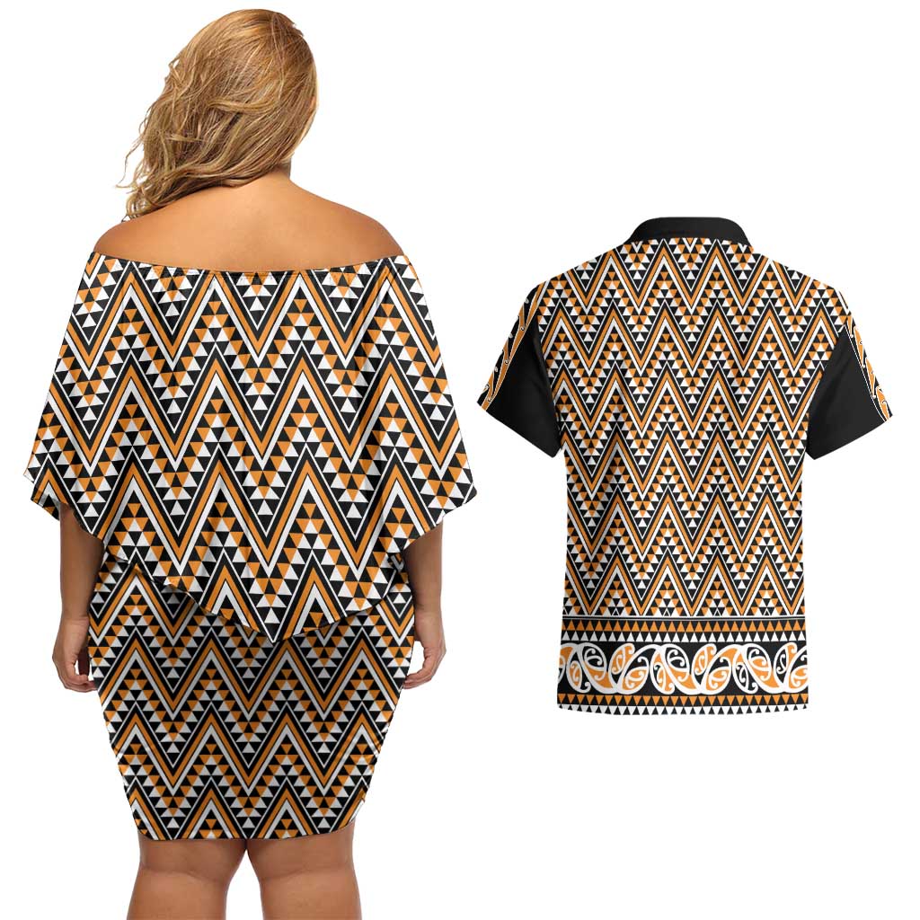 New Zealand Maori Niho Taniwha Couples Matching Off Shoulder Short Dress and Hawaiian Shirt Karaka Mangopare and Puhoro Pattern LT9 - Polynesian Pride