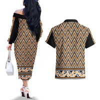 New Zealand Maori Niho Taniwha Couples Matching Off The Shoulder Long Sleeve Dress and Hawaiian Shirt Karaka Mangopare and Puhoro Pattern LT9 - Polynesian Pride