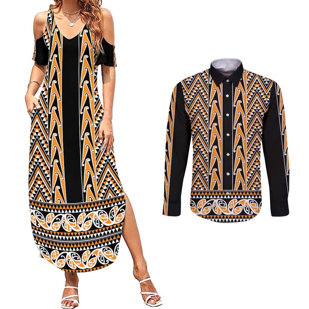 New Zealand Maori Niho Taniwha Couples Matching Summer Maxi Dress and Long Sleeve Button Shirt Karaka Mangopare and Puhoro Pattern