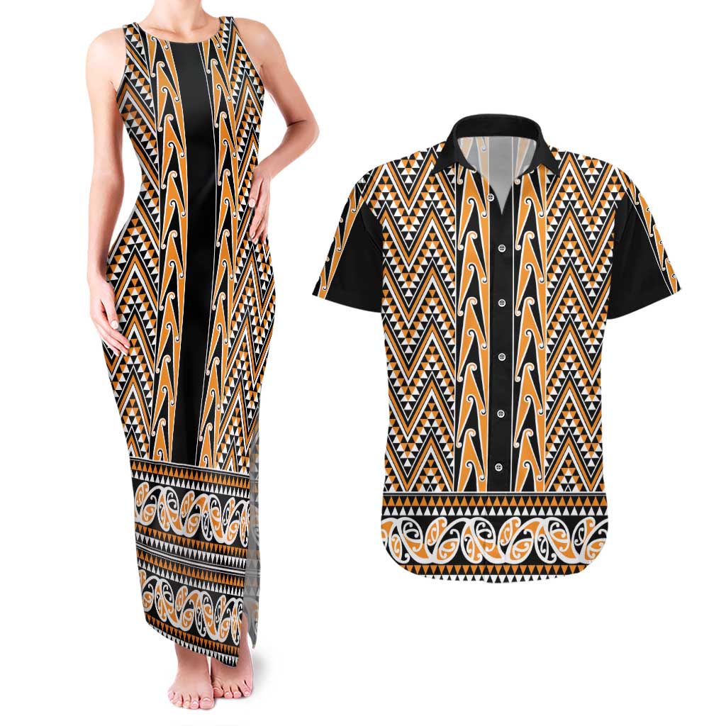 New Zealand Maori Niho Taniwha Couples Matching Tank Maxi Dress and Hawaiian Shirt Karaka Mangopare and Puhoro Pattern LT9 Gold - Polynesian Pride
