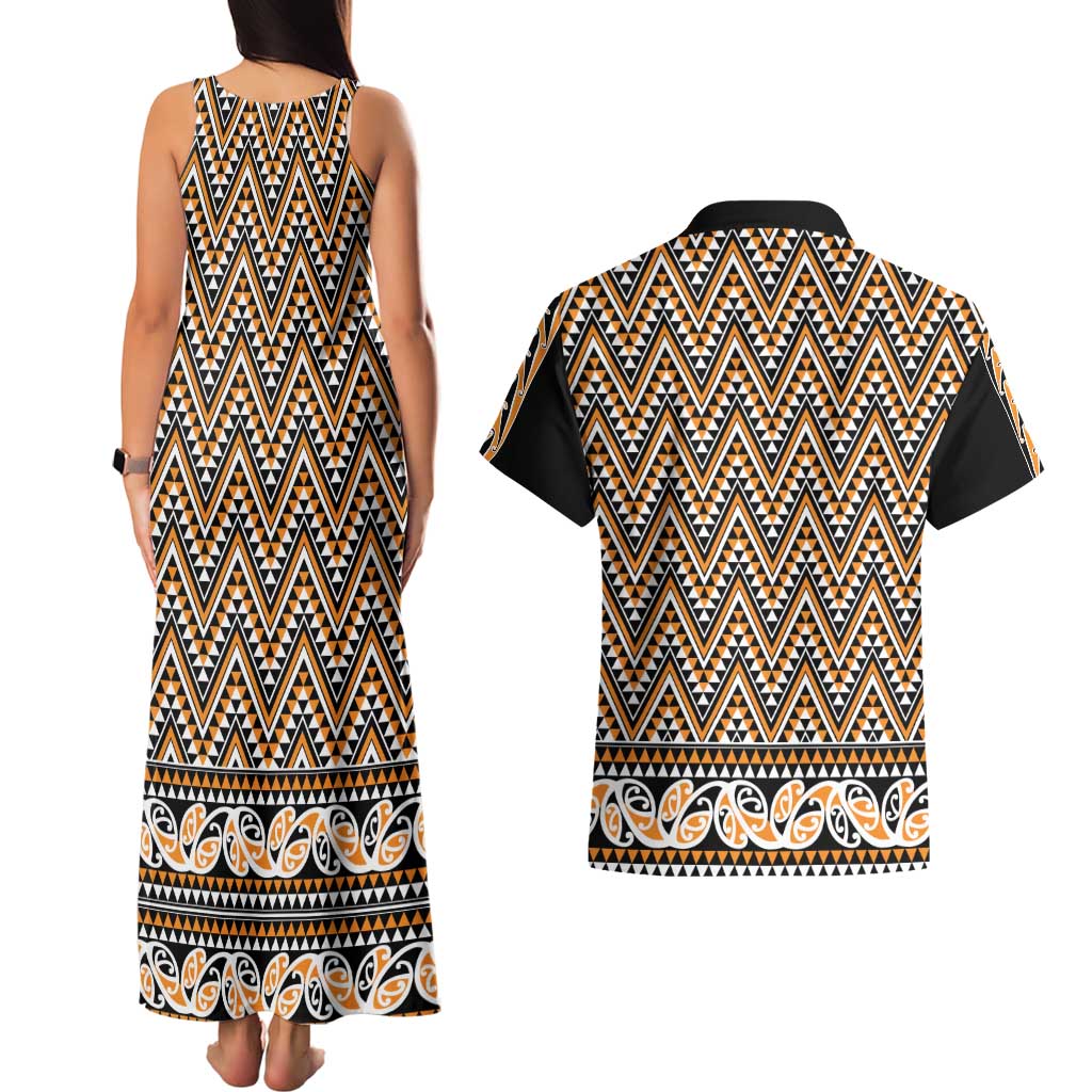 New Zealand Maori Niho Taniwha Couples Matching Tank Maxi Dress and Hawaiian Shirt Karaka Mangopare and Puhoro Pattern LT9 - Polynesian Pride