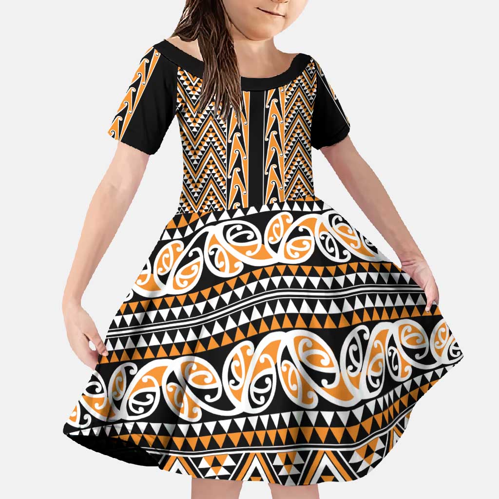 New Zealand Maori Niho Taniwha Family Matching Long Sleeve Bodycon Dress and Hawaiian Shirt Karaka Mangopare and Puhoro Pattern LT9 Daughter's Dress Gold - Polynesian Pride