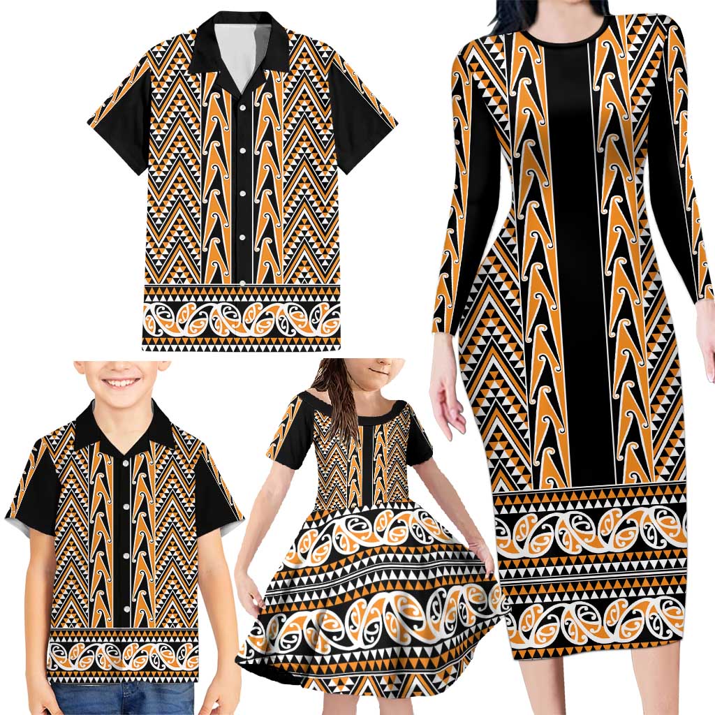 New Zealand Maori Niho Taniwha Family Matching Long Sleeve Bodycon Dress and Hawaiian Shirt Karaka Mangopare and Puhoro Pattern LT9 - Polynesian Pride