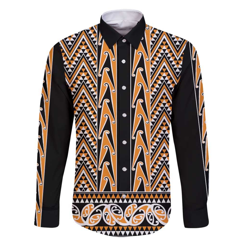 New Zealand Maori Niho Taniwha Family Matching Mermaid Dress and Hawaiian Shirt Karaka Mangopare and Puhoro Pattern LT9 Dad's Shirt - Long Sleeve Gold - Polynesian Pride