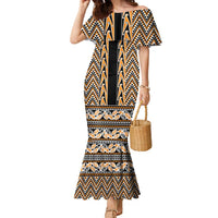 New Zealand Maori Niho Taniwha Family Matching Mermaid Dress and Hawaiian Shirt Karaka Mangopare and Puhoro Pattern LT9 Mom's Dress Gold - Polynesian Pride