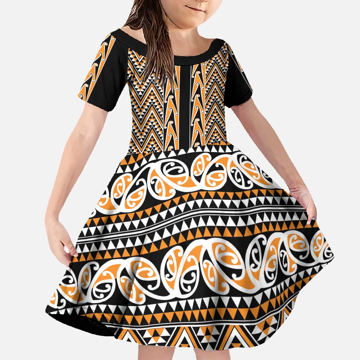 New Zealand Maori Niho Taniwha Family Matching Off The Shoulder Long Sleeve Dress and Hawaiian Shirt Karaka Mangopare and Puhoro Pattern LT9 Daughter's Dress Gold - Polynesian Pride