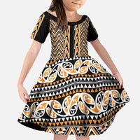 New Zealand Maori Niho Taniwha Family Matching Off The Shoulder Long Sleeve Dress and Hawaiian Shirt Karaka Mangopare and Puhoro Pattern LT9 Daughter's Dress Gold - Polynesian Pride