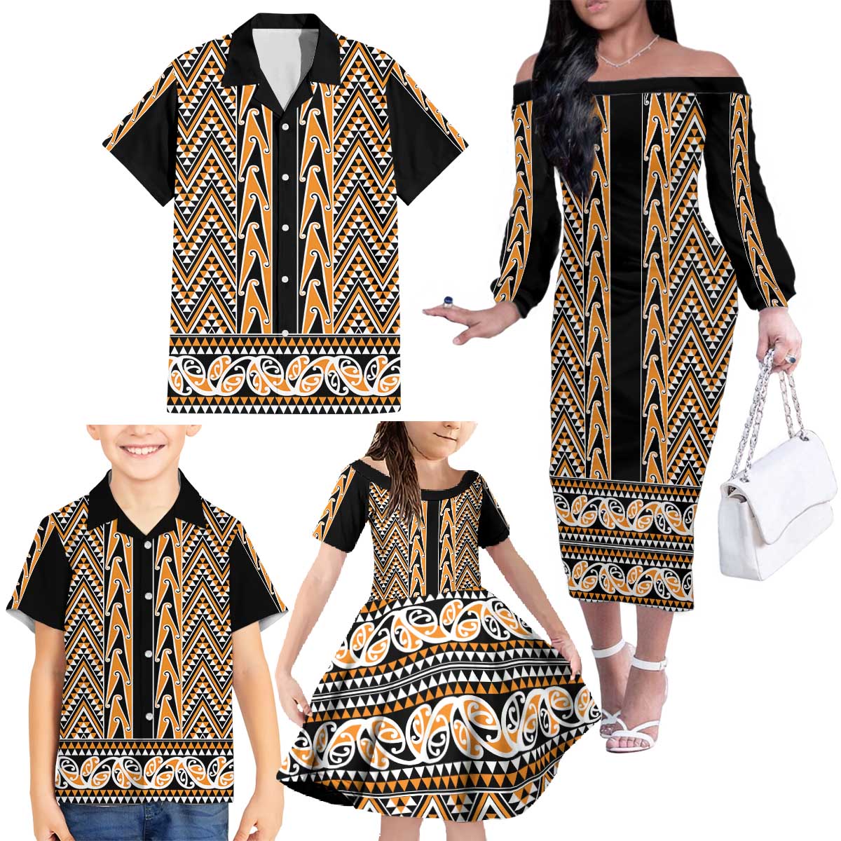 New Zealand Maori Niho Taniwha Family Matching Off The Shoulder Long Sleeve Dress and Hawaiian Shirt Karaka Mangopare and Puhoro Pattern LT9 - Polynesian Pride