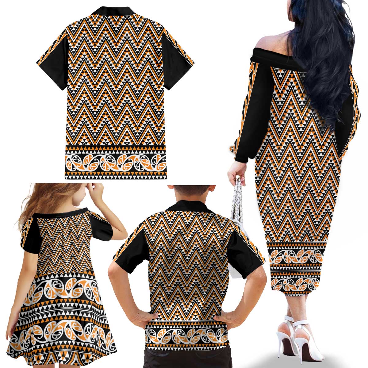 New Zealand Maori Niho Taniwha Family Matching Off The Shoulder Long Sleeve Dress and Hawaiian Shirt Karaka Mangopare and Puhoro Pattern LT9 - Polynesian Pride
