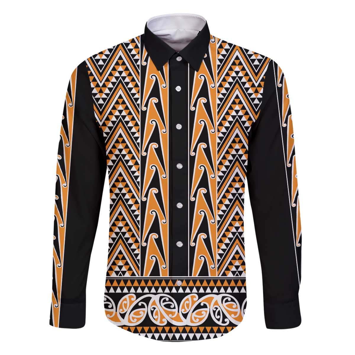New Zealand Maori Niho Taniwha Family Matching Off The Shoulder Long Sleeve Dress and Hawaiian Shirt Karaka Mangopare and Puhoro Pattern LT9 Dad's Shirt - Long Sleeve Gold - Polynesian Pride