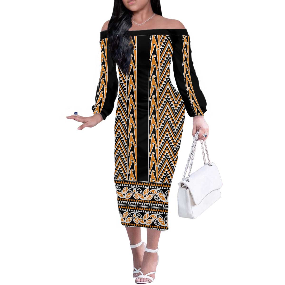 New Zealand Maori Niho Taniwha Family Matching Off The Shoulder Long Sleeve Dress and Hawaiian Shirt Karaka Mangopare and Puhoro Pattern LT9 Mom's Dress Gold - Polynesian Pride