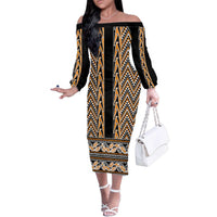 New Zealand Maori Niho Taniwha Family Matching Off The Shoulder Long Sleeve Dress and Hawaiian Shirt Karaka Mangopare and Puhoro Pattern LT9 Mom's Dress Gold - Polynesian Pride