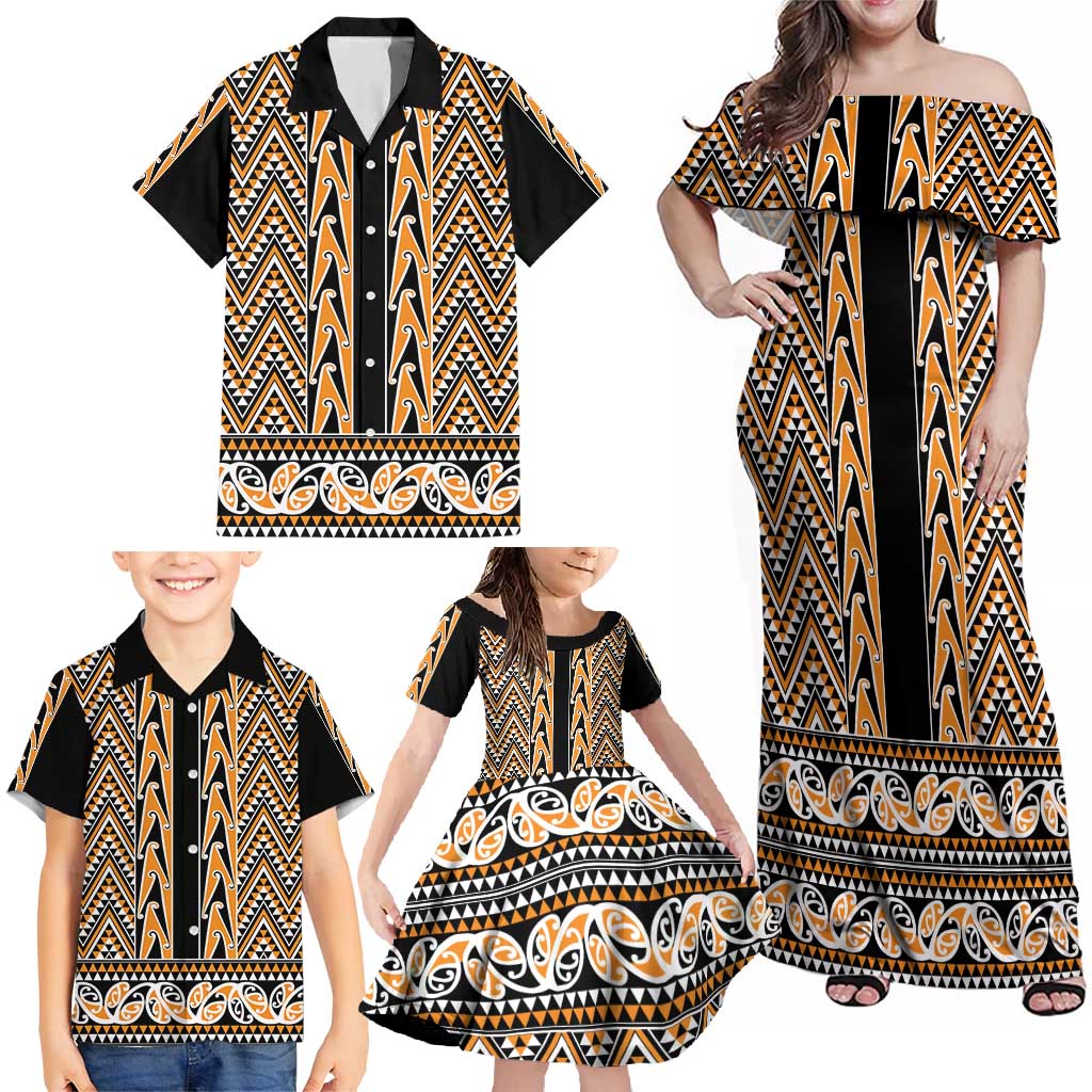 New Zealand Maori Niho Taniwha Family Matching Off Shoulder Maxi Dress and Hawaiian Shirt Karaka Mangopare and Puhoro Pattern LT9 - Polynesian Pride