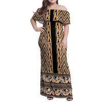 New Zealand Maori Niho Taniwha Family Matching Off Shoulder Maxi Dress and Hawaiian Shirt Karaka Mangopare and Puhoro Pattern LT9 Mom's Dress Gold - Polynesian Pride