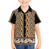 New Zealand Maori Niho Taniwha Family Matching Off Shoulder Maxi Dress and Hawaiian Shirt Karaka Mangopare and Puhoro Pattern LT9 Son's Shirt Gold - Polynesian Pride