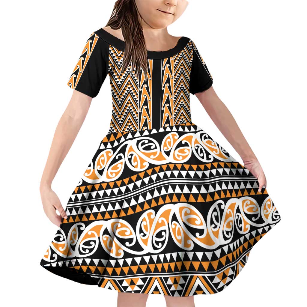 New Zealand Maori Niho Taniwha Family Matching Off Shoulder Short Dress and Hawaiian Shirt Karaka Mangopare and Puhoro Pattern LT9 Daughter's Dress Gold - Polynesian Pride